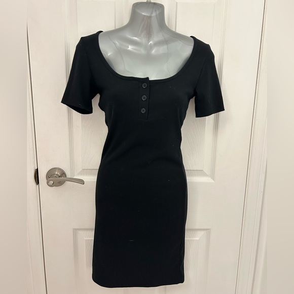 Black Ribbed BodyCon Dress with Buttons, Sz S - Picture 1 of 5
